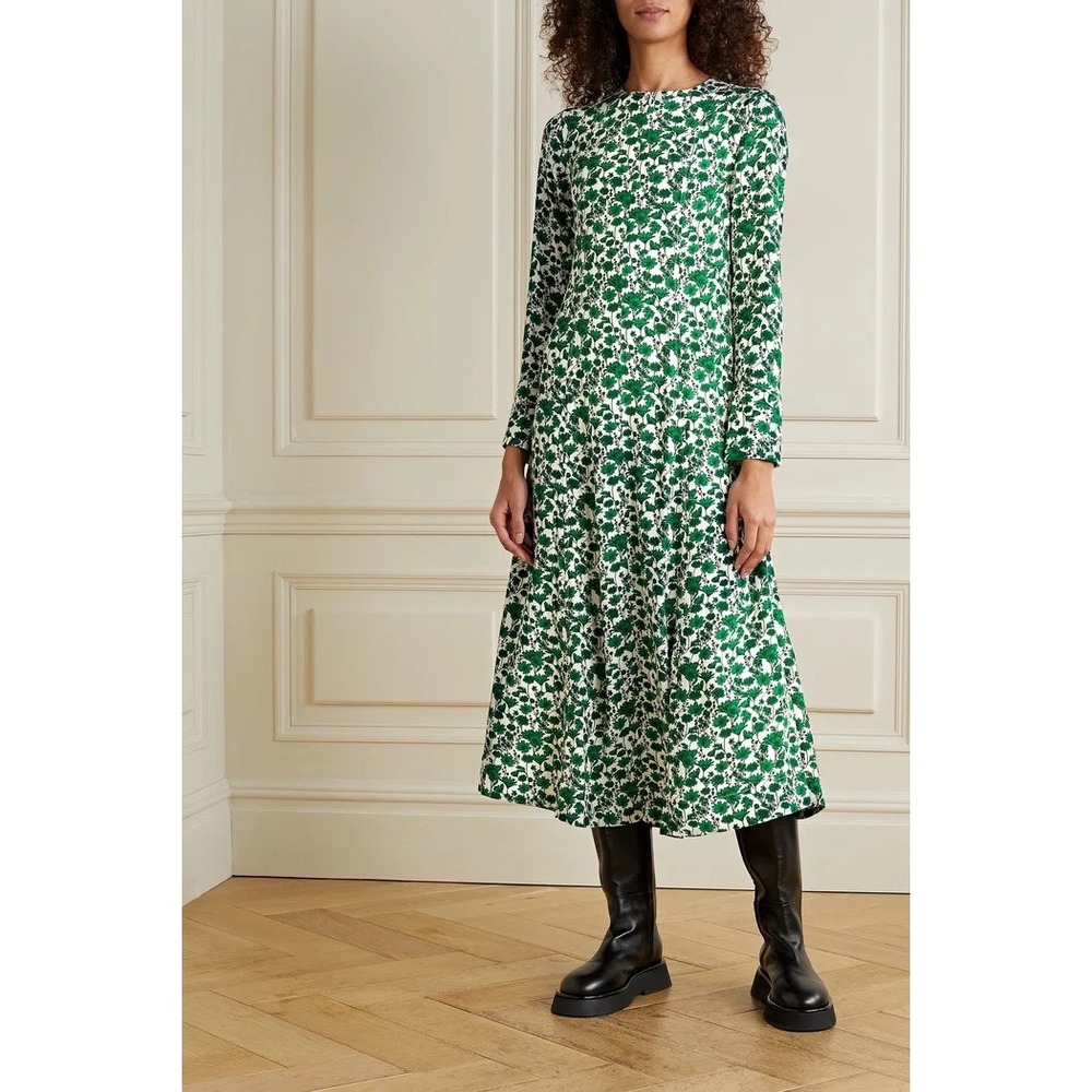 GANNI Floral Print Crepe Midi Dress Size XS Green White Long Sleeve Chic Scandi